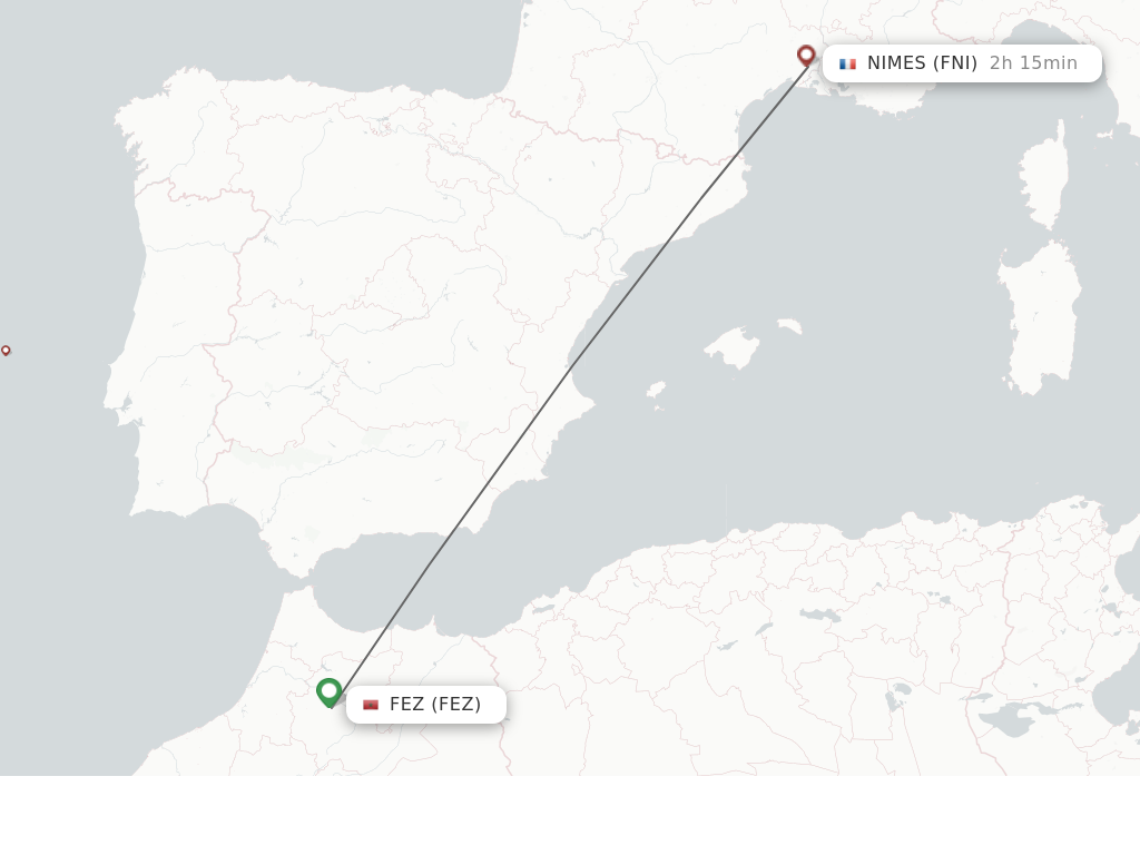 Flights from Fez to Nimes route map
