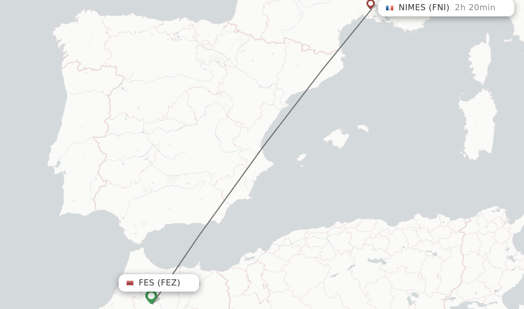 Flights from Fes to Nimes route map