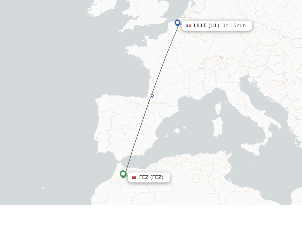 Flights from Fes to Lille route map
