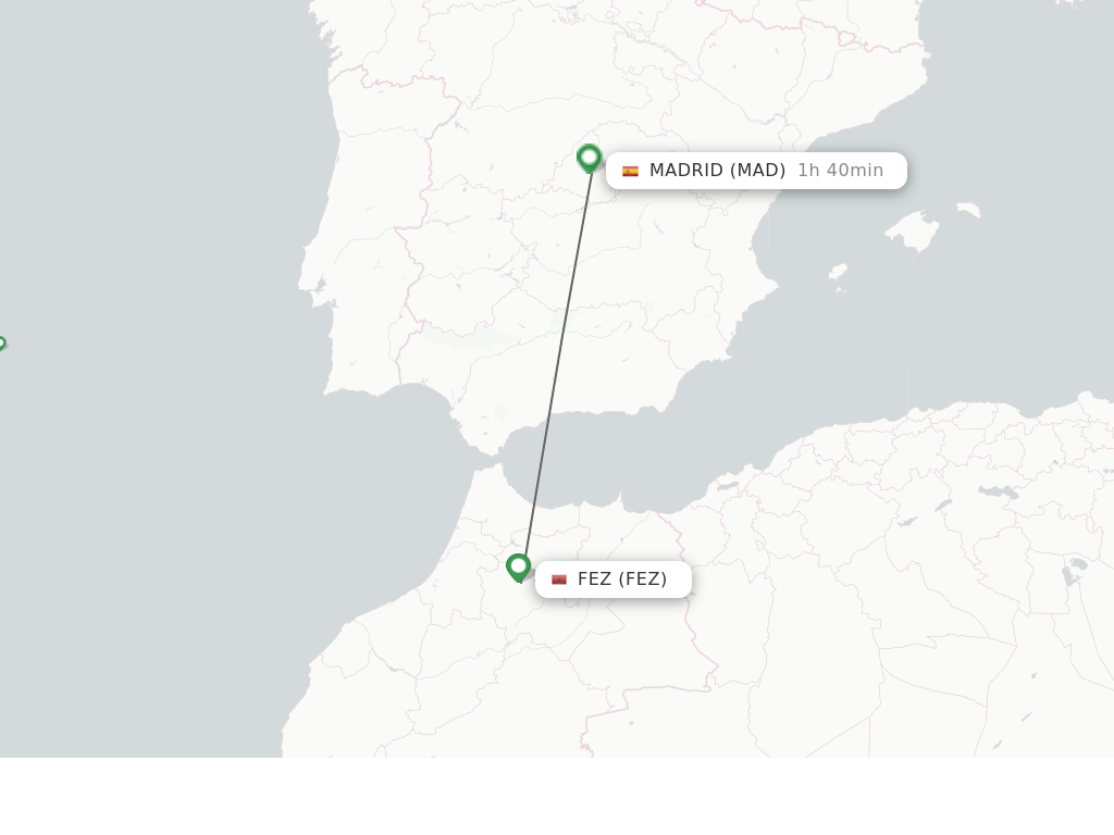 Flights from Fez to Madrid route map