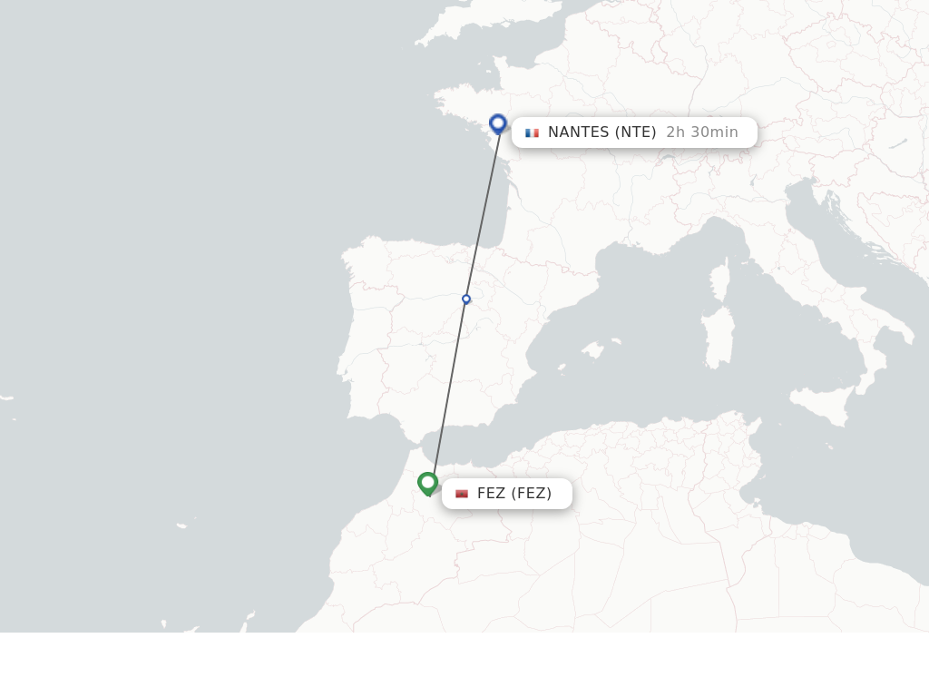 Flights from Fez to Nantes route map
