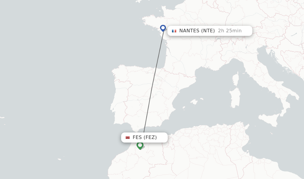 Flights from Fes to Nantes route map