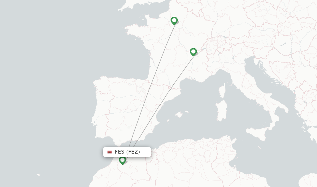 Route map with flights from Fes with Transavia France