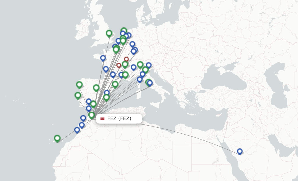 Flights from Fez to Bastia route map