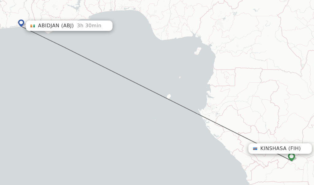 Flights from Kinshasa to Abidjan route map