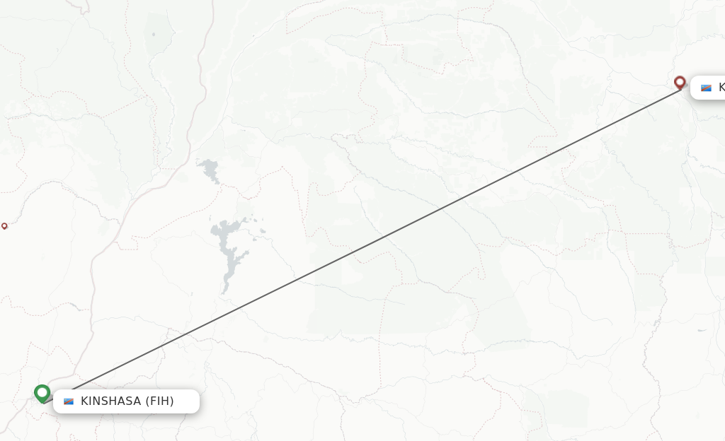Flights from Kinshasa to Kisangani route map