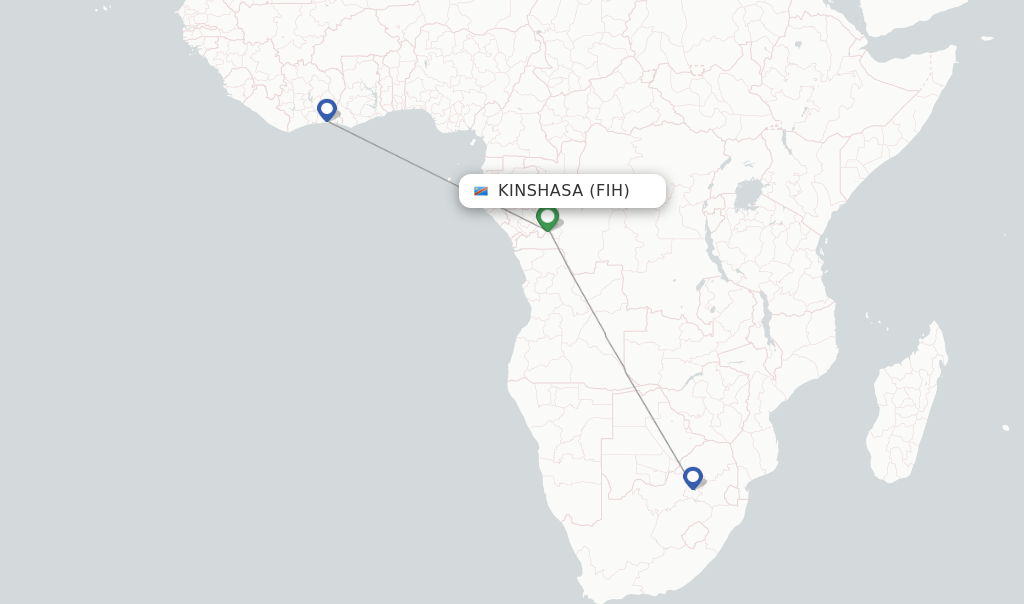 Route map with flights from Kinshasa with Air Cote DIvoire