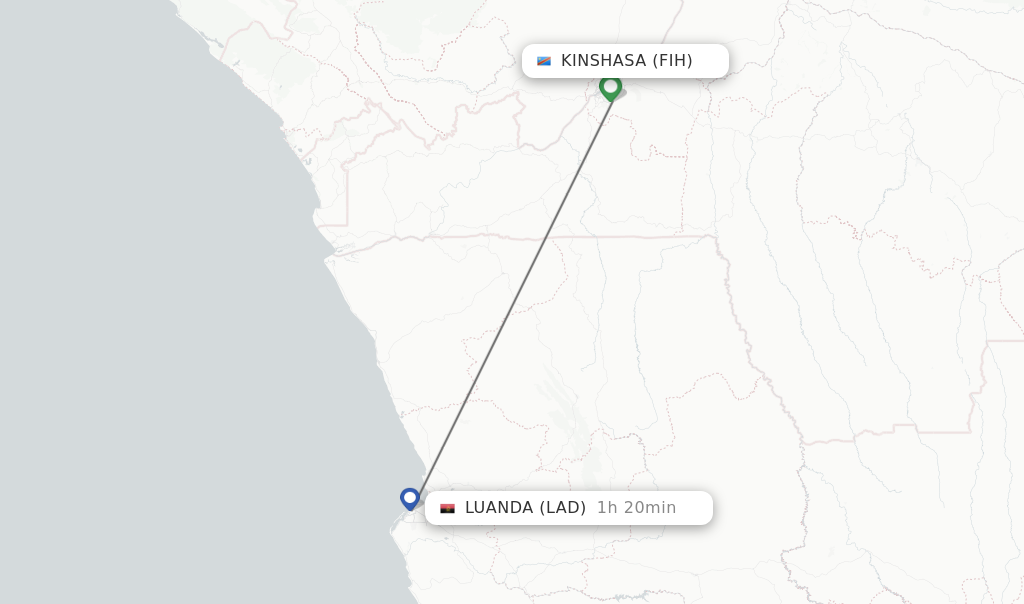 Flights from Kinshasa to Luanda route map