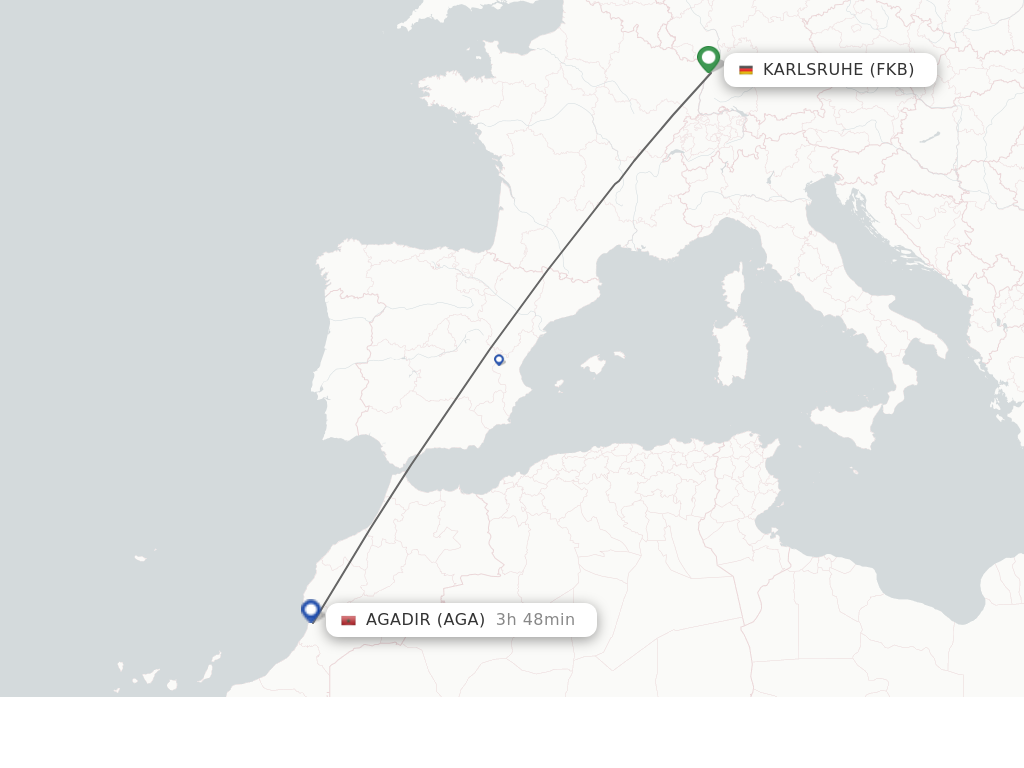 Flights from Karlsruhe/Baden-Baden to Agadir route map