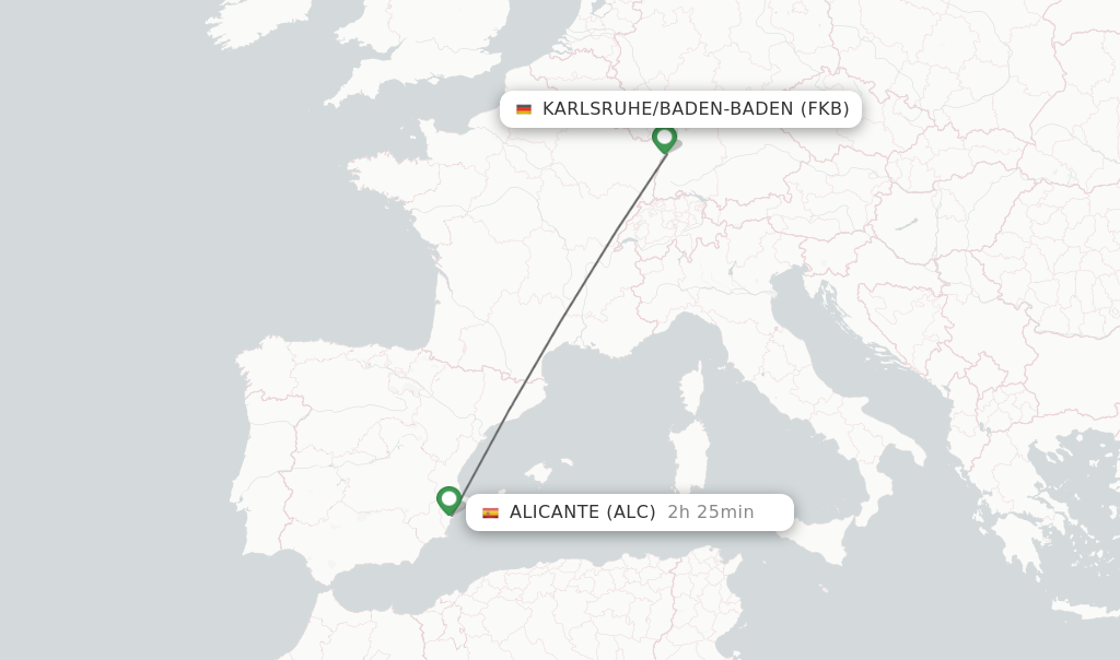 Flights from Karlsruhe/Baden-Baden to Alicante route map