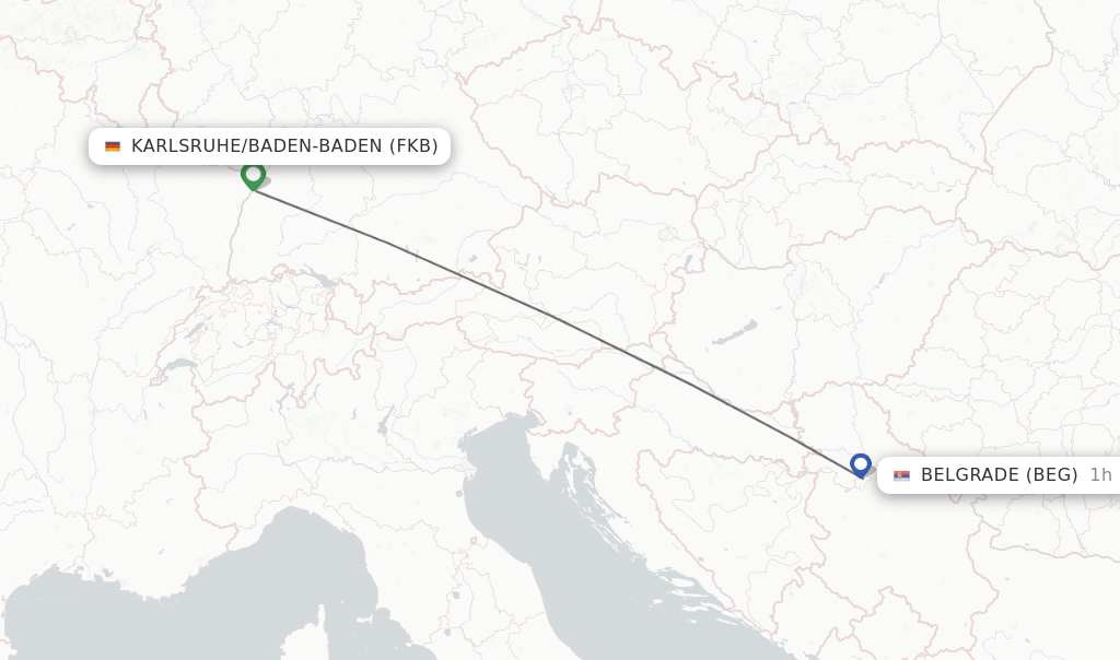 Flights from Karlsruhe/Baden-Baden to Belgrade route map