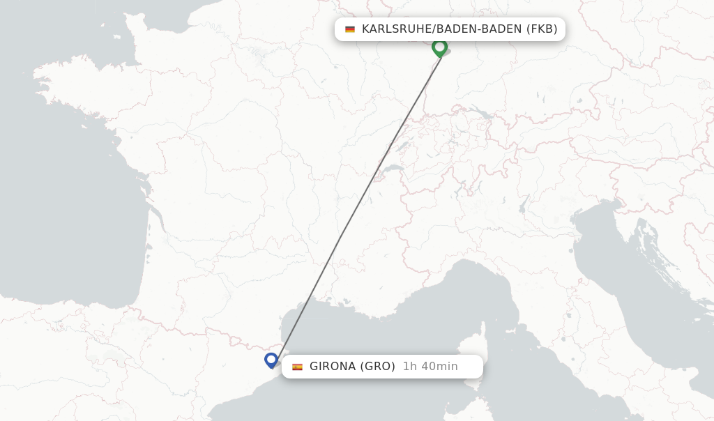 Flights from Karlsruhe/Baden-Baden to Girona route map