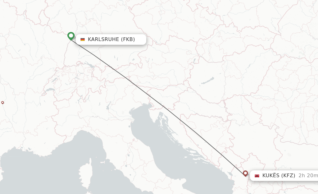 Flights from Karlsruhe/Baden-Baden to Kukes route map