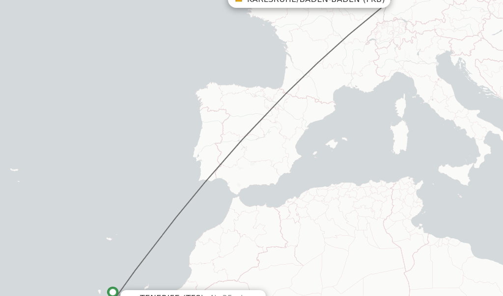 Flights from Karlsruhe/Baden-Baden to Tenerife route map