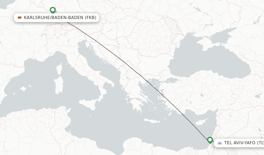 Flights from Karlsruhe/Baden-Baden to Tel Aviv-Yafo route map