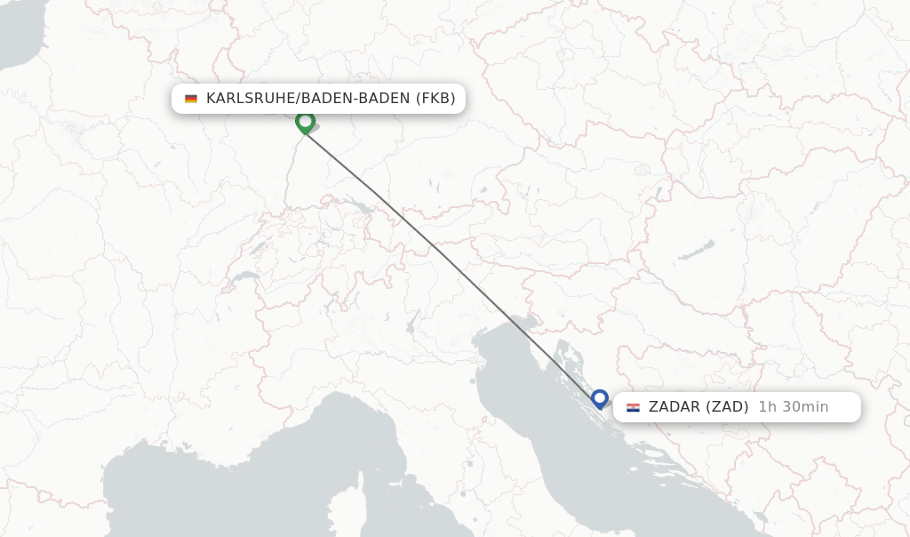Flights from Karlsruhe/Baden-Baden to Zadar route map