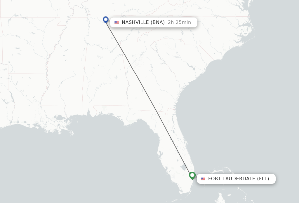 Flights from Fort Lauderdale to Nashville route map