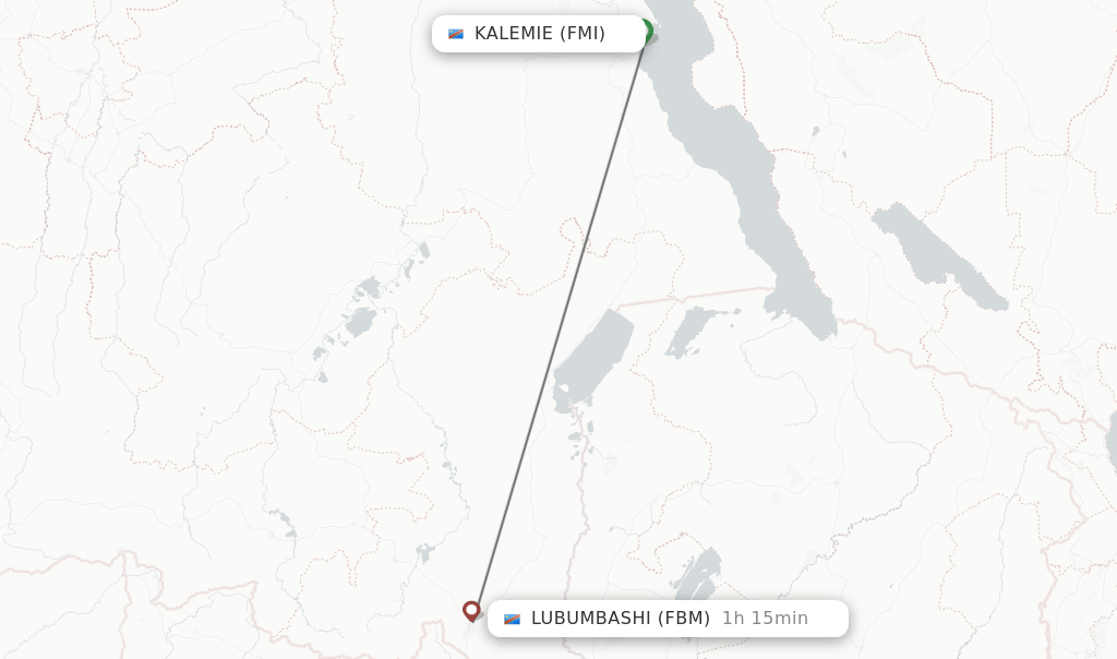 Flights from Kalemie to Lubumbashi route map