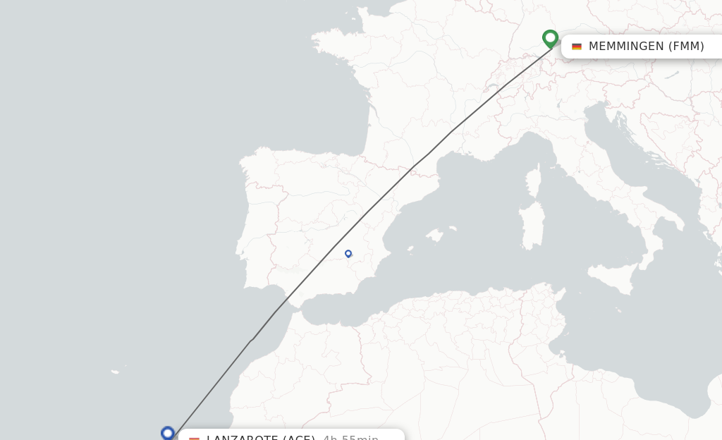 Flights from Memmingen to Lanzarote route map