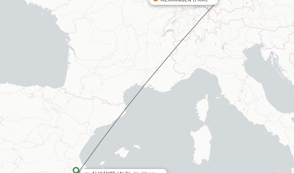 Flights from Memmingen to Alicante route map