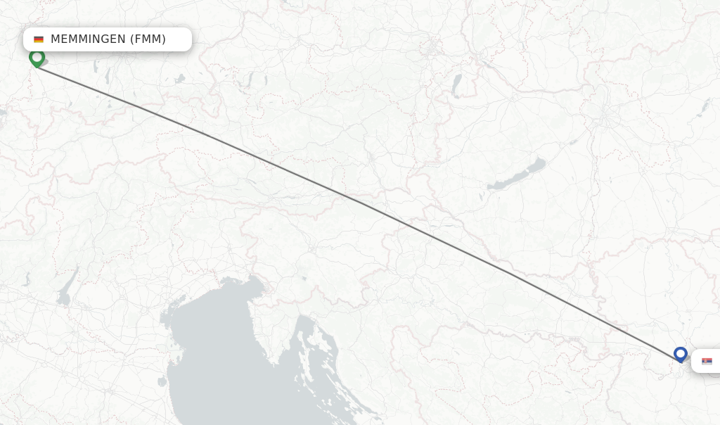 Flights from Memmingen to Belgrade route map