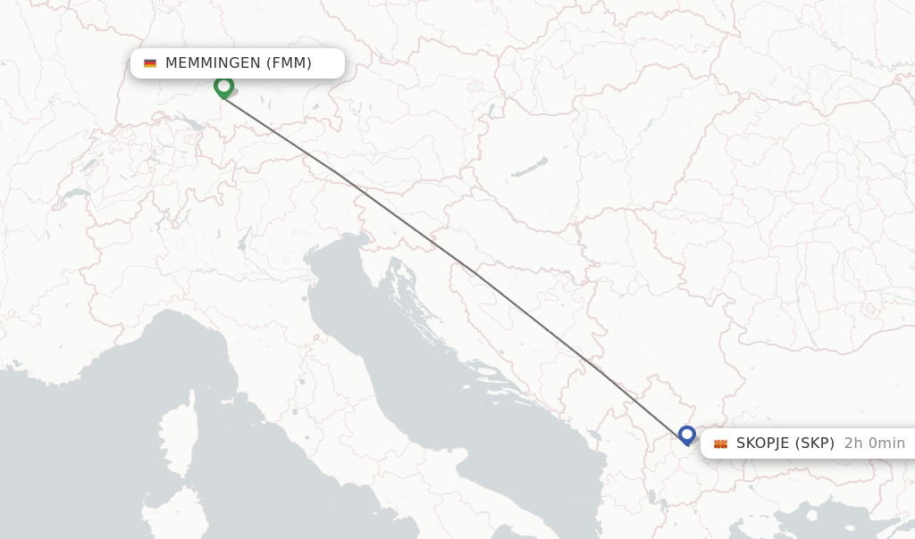 Flights from Memmingen to Skopje route map