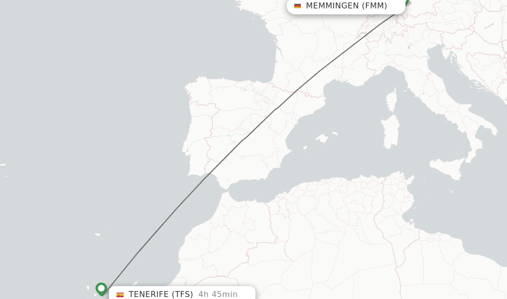 Flights from Memmingen to Tenerife route map