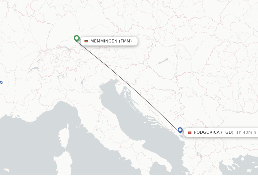 Flights from Podgorica to Memmingen route map