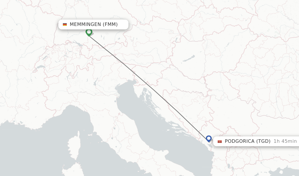 Flights from Memmingen to Podgorica route map
