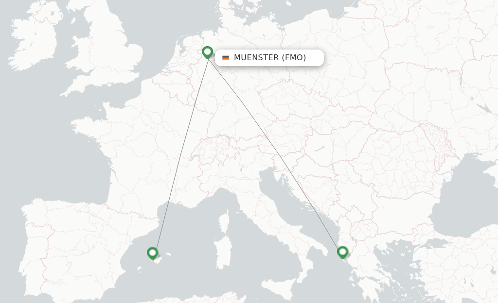 Route map with flights from Muenster with Ryanair