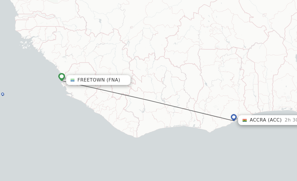 Flights from Freetown to Accra route map
