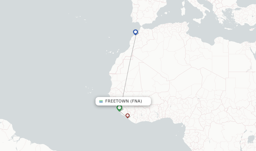 Route map with flights from Freetown with Royal Air Maroc