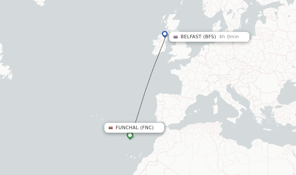 Flights from Funchal to Belfast route map