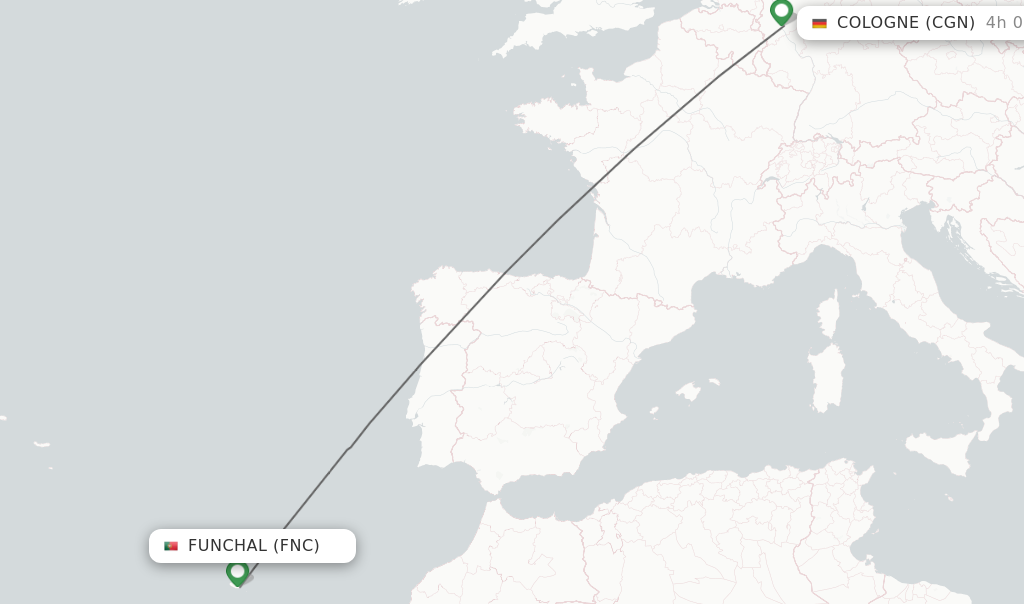 Flights from Funchal to Cologne route map