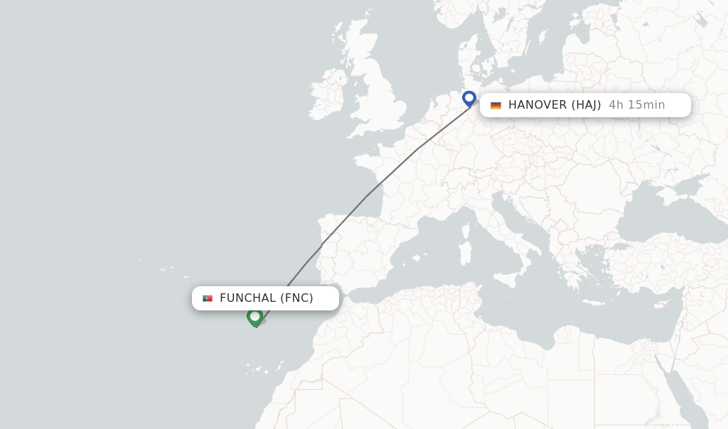 Flights from Funchal to Hanover route map