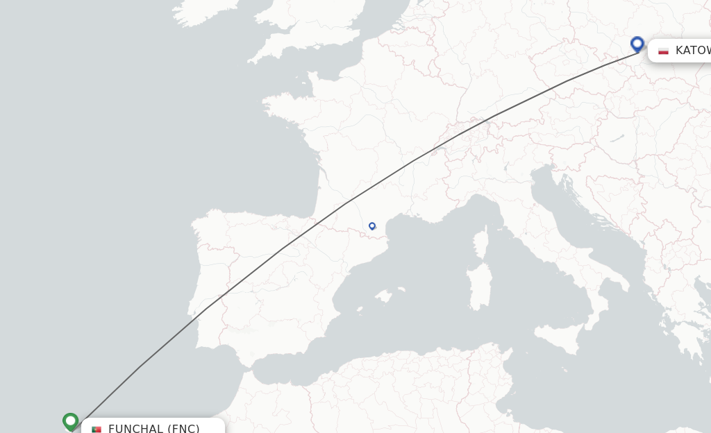 Flights from Funchal to Katowice route map