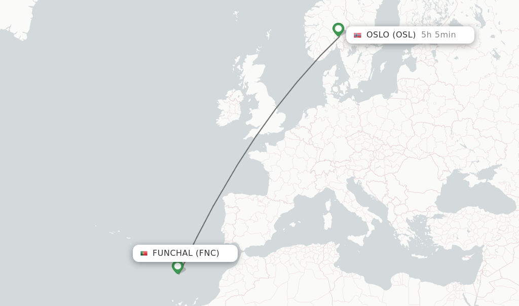 Flights from Funchal to Oslo route map