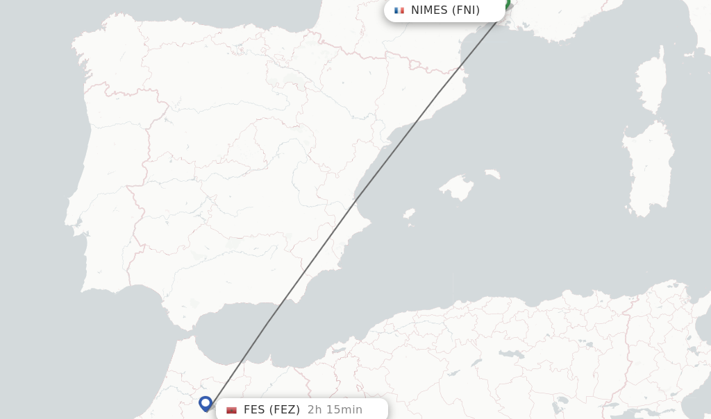 Flights from Nimes to Fes route map