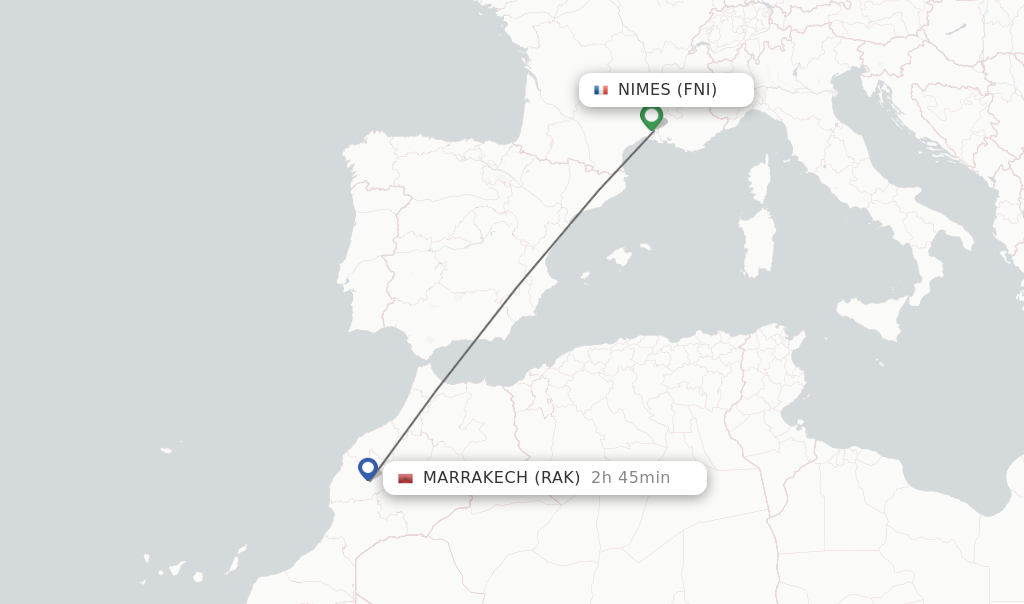 Flights from Nimes to Marrakech route map