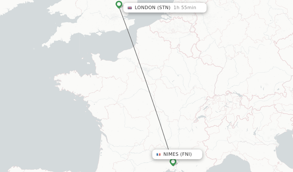 Flights from Nimes to London route map