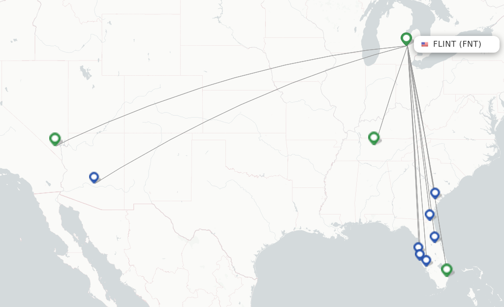 Route map with flights from Flint with Allegiant Air