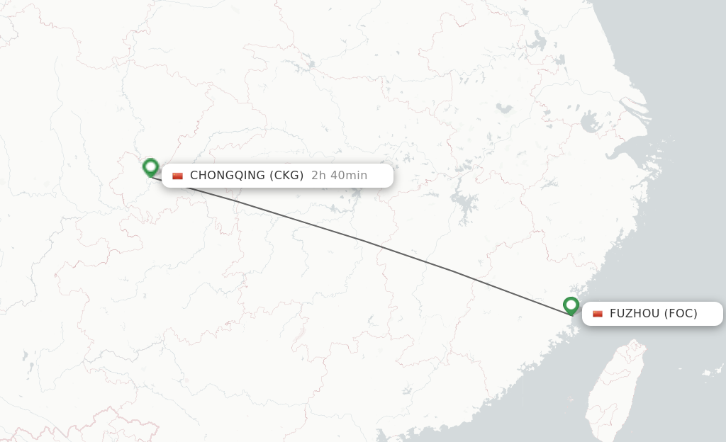 Flights from Fuzhou to Chongqing route map