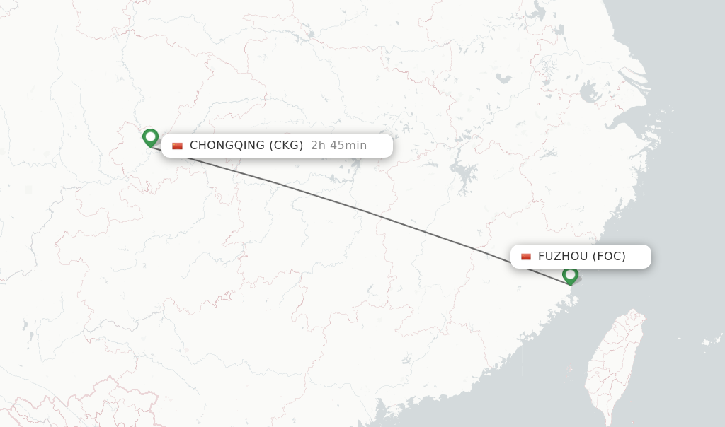 Flights from Fuzhou to Chongqing route map