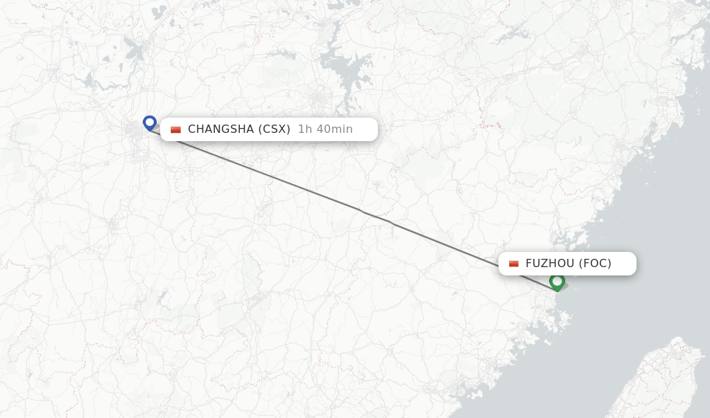 Flights from Fuzhou to Changsha route map
