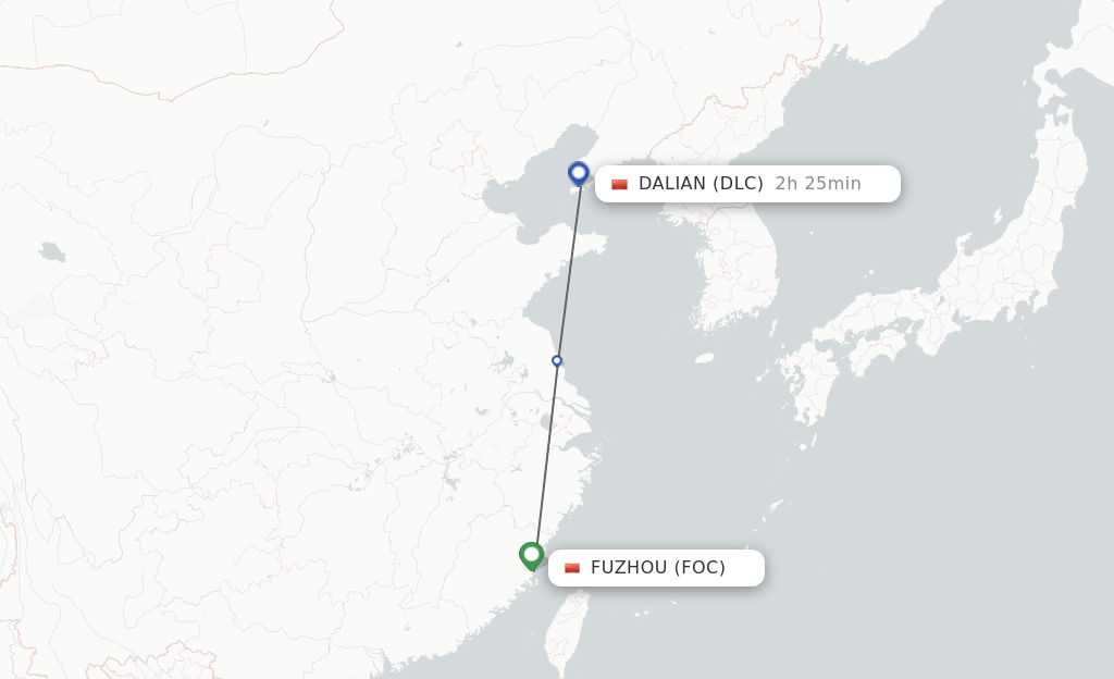 Flights from Fuzhou to Dalian route map