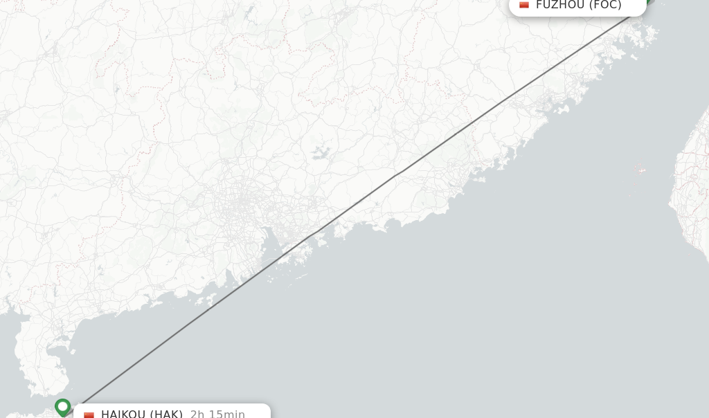 Flights from Fuzhou to Haikou route map