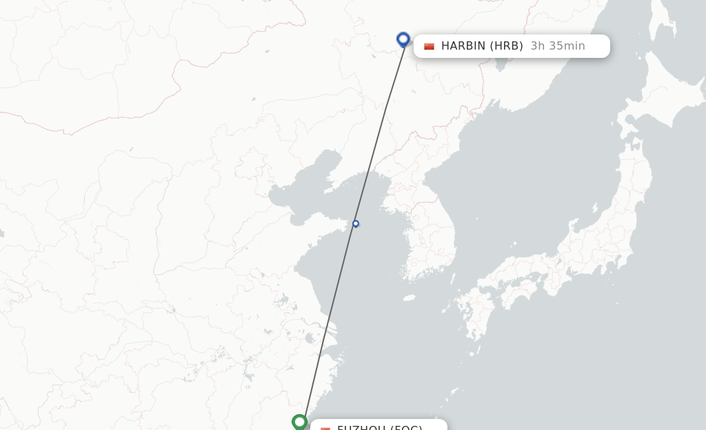 Flights from Fuzhou to Harbin route map