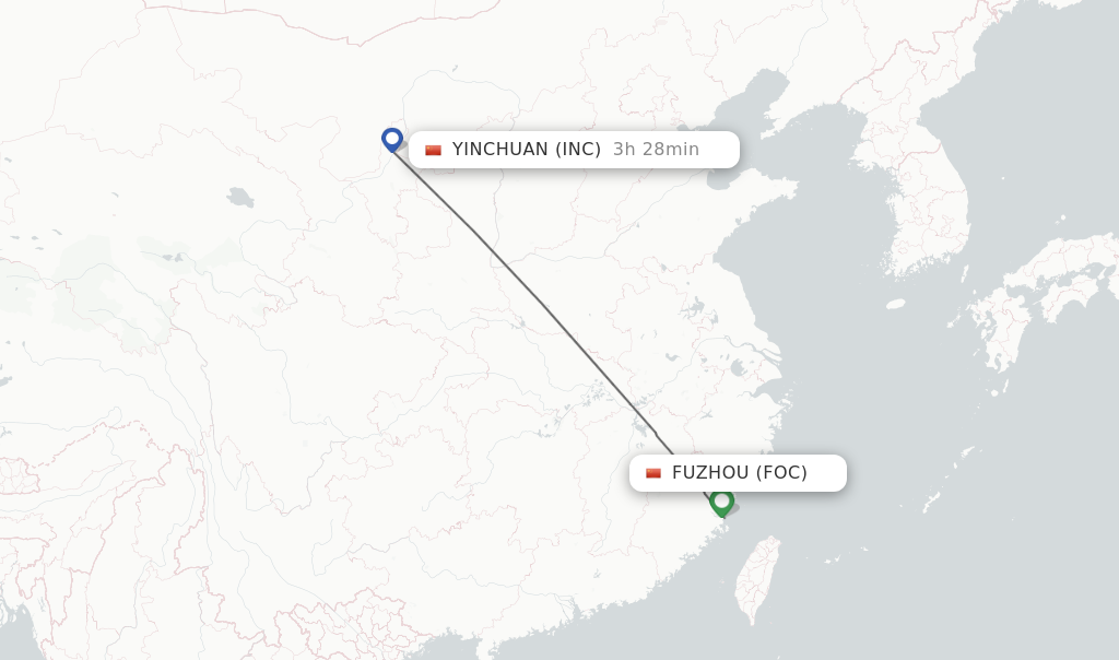 Flights from Fuzhou to Yinchuan route map