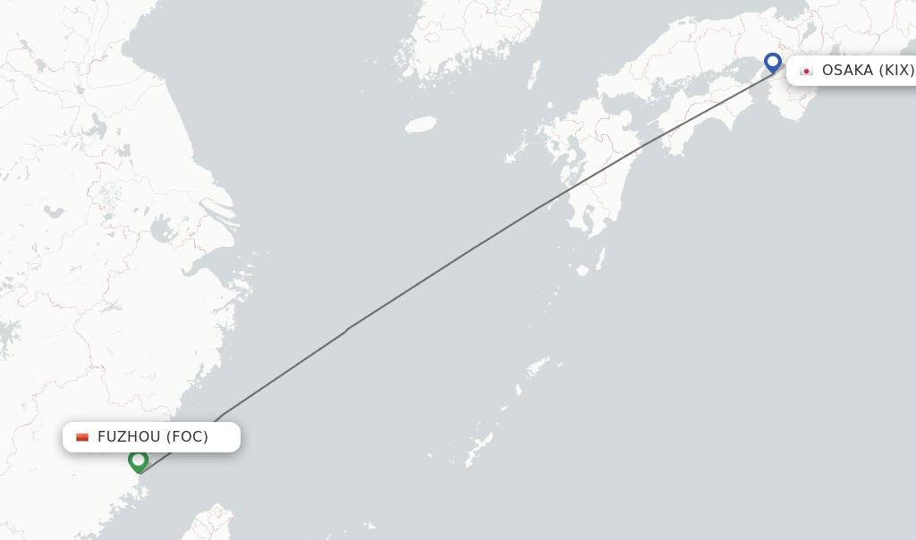 Flights from Fuzhou to Osaka route map