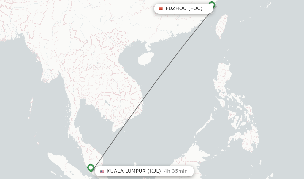 Flights from Fuzhou to Kuala Lumpur route map